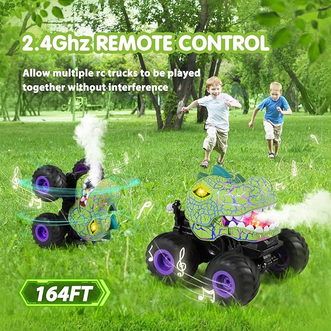 DYODYORC Remote Control Car 2.4Ghz All Terrain Dinosaur Monster Truck Toys RC Truck with Spay Music 3 Lighting Effects Stunt Capable Toy Gifts for Boys and Girls (Green Purple)