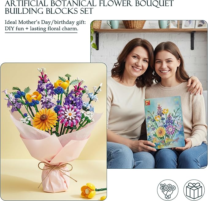 Artificial Botanical Flower Bouquet Building Blocks Set 1183Pcs DIY Wildflower &amp Tropical Flower Home Office Desk Decor Gift for 14+ Girls Women Teens Birthday Mother's Day Christmas Anniversar