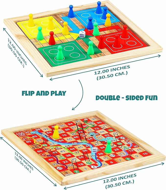 Ankit Toys &amp Games 5-in-1 Wooden Board Game Set Includes Ludo Snakes &amp Ladders Chess Checkers and Tic Tac Toe. Portable Fun for Kids Adults and Family Game Nights | 2 Reversible Boards
