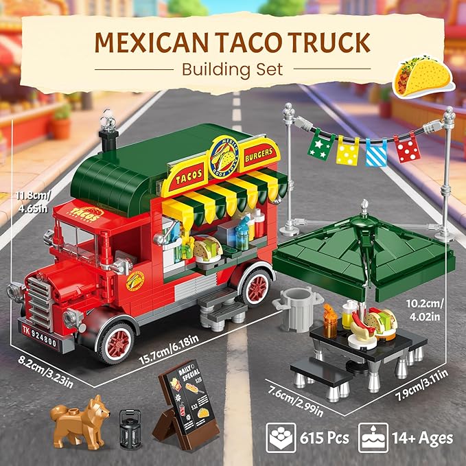 Taco Truck Building Blocks Set Cityscape Series Building Sets with Separate Dining Table and Puppy Pretend Play DIY Building Toys Gifts for Family Friends on Birthday Festival (615 Pcs)