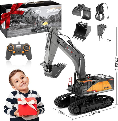 kolegend 1:14 RC Excavator 25 Channel 4 in 1 Construction ToysRemote Control Vehicles Tractor Sandbox Toys Diggerwith Metal BucketDrill BitGripper &amp Wood Gripper RC Truck