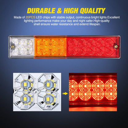 Nilight Trailer Tail Light Bar 2PCS 20LED Brake Running Turn Signals Reverse lights IP65 Waterproof for 10-30V Truck Trailers Caravan Van RV UTV Camper Boat