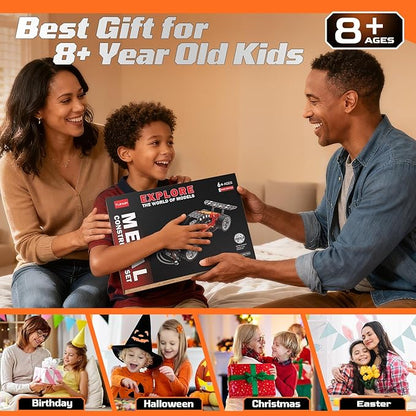 Metal Building Set Race Car Construction Kit Educational STEM Toy with Wheels Orange and Black