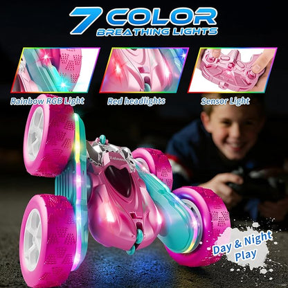 RC Car Pink 4WD Remote Control Car 360° Flip Double‑Sided LED Light Bar &amp Quick‑Swap USB‑C Modular Battery 2.4 GHz No‑Interference Popular Outdoor Beach Toy Popular Gift for Girls Ages 6‑12