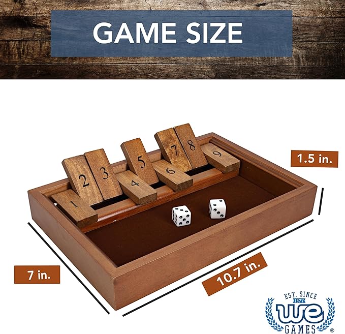 WE Games Shut The Box Game Wooden – 9 Number Flip Tiles with Dark Stained Wooden Box Perfect for Game Night Math Games Clackers Family Games Adult Dice Games Board Games for Adults 11 inches