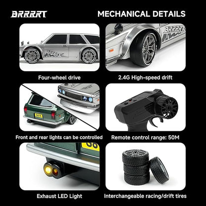 BRRRRT 1:24 RC Drift Car20KM/H 4WD High Speed Remote Control Cars with LED LightsAdjustable High Speed/Low Speed Ddrift CarExtra Drifting TiresSpeed Racing Sport Toy Car for Boys and Girls Age 6+