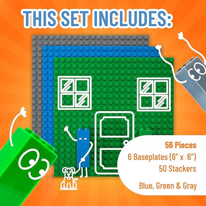 Strictly Briks Stackable Baseplates - Vertical Expansion with Stackable Brick Plates - Multi-Level Base Plate Organizer - Compatible with Lego - Pack of 6 Baseplates &amp 50 Connectors 6x6 in