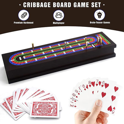 Wooden Cribbage Board Game Set with Metal Pegs and 2 Decks of Playing Cards Travel Cribbage Board with Card Storage Magnetic Lock Classic Continuous 3 Track Cribbage Set for Family