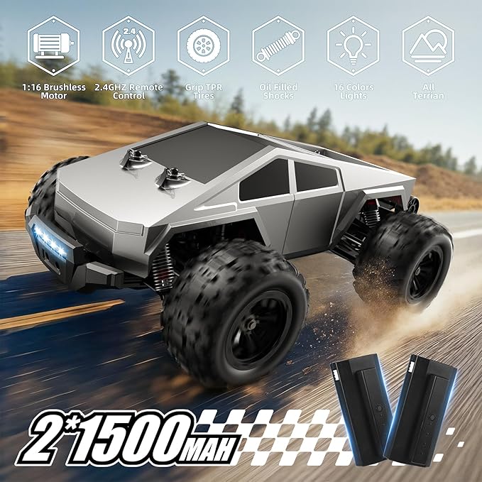 1/16 Brushless Fast RC Cars for Adult 35Mph High Speed Remote Control Car Cyber RC Truck 4x4 Monster Truck Toy 2.4GHz Remote All Terrain Off-Road Vehicle Colorful LED Light Kids Gift