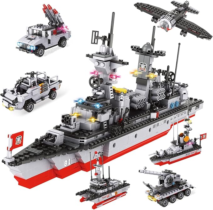 1296 Pieces City Police Set Aircraft Carrier Blocks Set 6 in 1 Military Warship Battleship Building kit with Airplane Boat Cop Car Tank Creative Roleplay Ship Gift Toys for Kids Boys 6-12 Years
