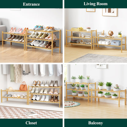 Smiry Bamboo Shoe Rack for Closet, 3 Tier Wooden Stackable Shoe Organizer, Free Standing Shoes Storage Shelf for Entryway, Front Door Entrance, Natural