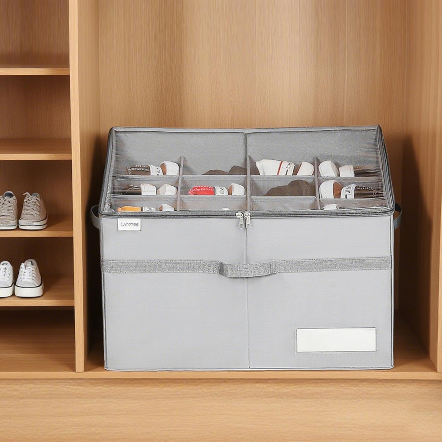 LUVHOMEE Shoe Organizer for Closet, Fits 16 Pairs, Large Shoe Box Storage Containers, Clear Foldable Shoe Storage Bins w/Bottom Support, Space Saving Shoes Holder w/Reinforced Handles, Gray