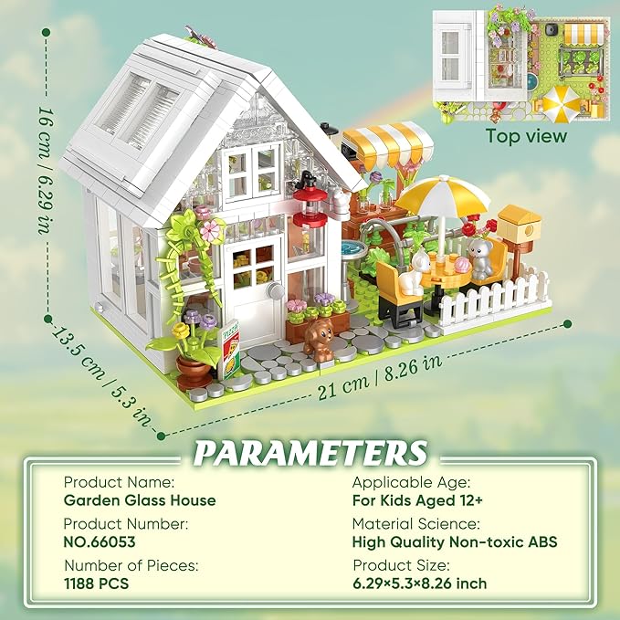 Flower House Building Block for Adults Garden Architecture Building Toy with LED Greenhouse Model Building Set Garden Glass House Building Kit Christmas &amp Ideal Gift for Kids 12+ (1188pcs)