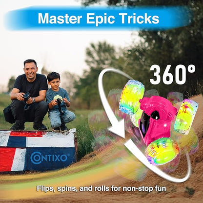 Contixo SC3A Toy Remote Control Car for Kids with Double-Sided 360° Rotating Stunt 4WD Off-Road RC Cars with LED Lights Birthday for Boys and Girls Ages 4 5 6 7 - Pink