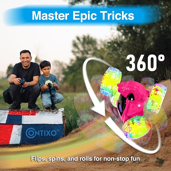 Contixo SC3 RC Stunt Car Pink 2.4GHz 4WD Double-Sided 360° Rotating flip Racer Remote Control Toy Cars with LED Lights for Kids Girls Boys Age 4-12 Birthday Gift