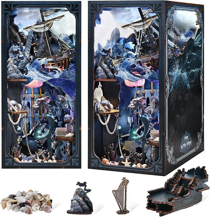 Book Nook Kit DIY Doll House Booknook Miniature Kit for Bookshelf Doll Houses for Adults Teen Halloween 3D Wooden Puzzle Bookends with Led Light and Dust Cover (Sirens Song)