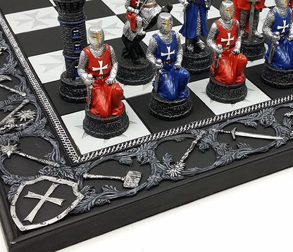 Medieval Times Crusades Red and Blue Armored Maltese Knights Chess Set with 17 Board