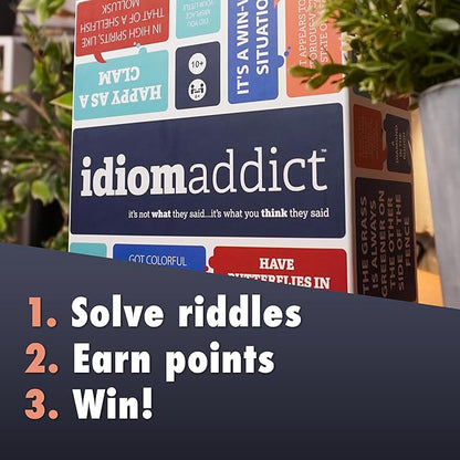 Idiom Addict Decipher The Gibberish Phrase 2400 Funny Brain Teasers Large Group Party Game for 4+ Players