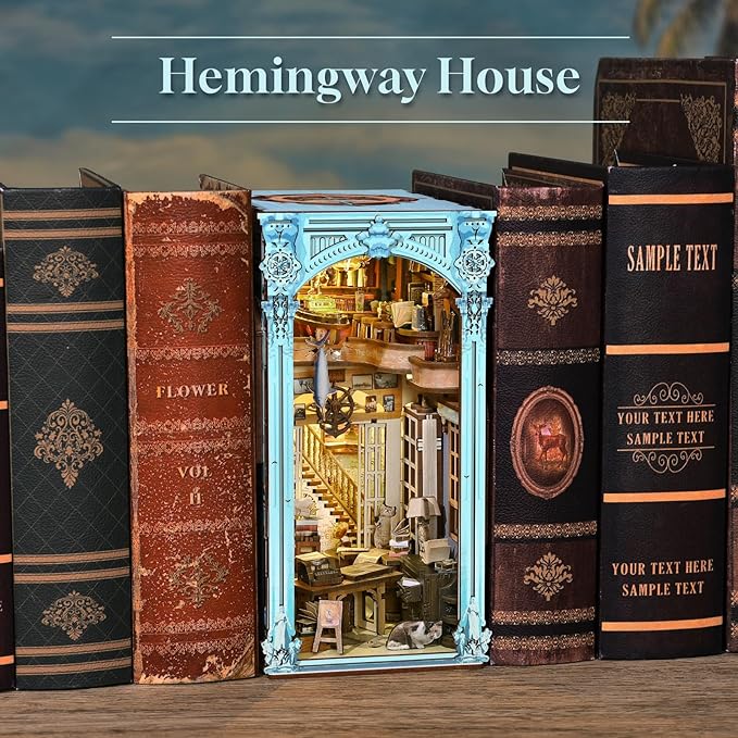 Book Nook Kit DIY Miniature Dollhouse Booknook Kit 3D Wooden Puzzle Bookend Bookshelf Insert Decor with LED Light for Teens and Adults(Hemingway House)