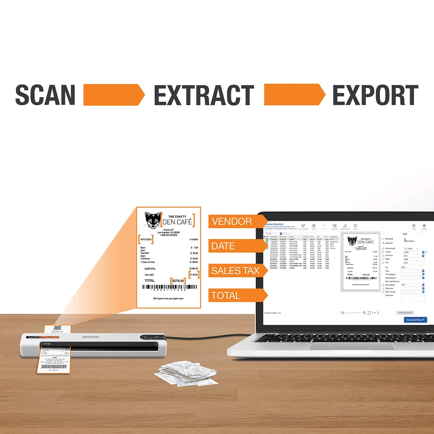Epson RapidReceipt RR-60 Mobile Color Receipt & Document Scanner with ScanSmart AI PRO Receipt Management & PDF Software for PC & Mac