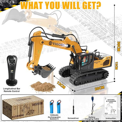 Remote Control Excavator for Boy 6 7 8 9 Years Old 2.4 GHz Gravity Controlled Excavator Toys with Lights Sound Rechargeable 11 CH RC Construction Vehicles Metal Shovel Gifts for Kids 6-12 Year Old