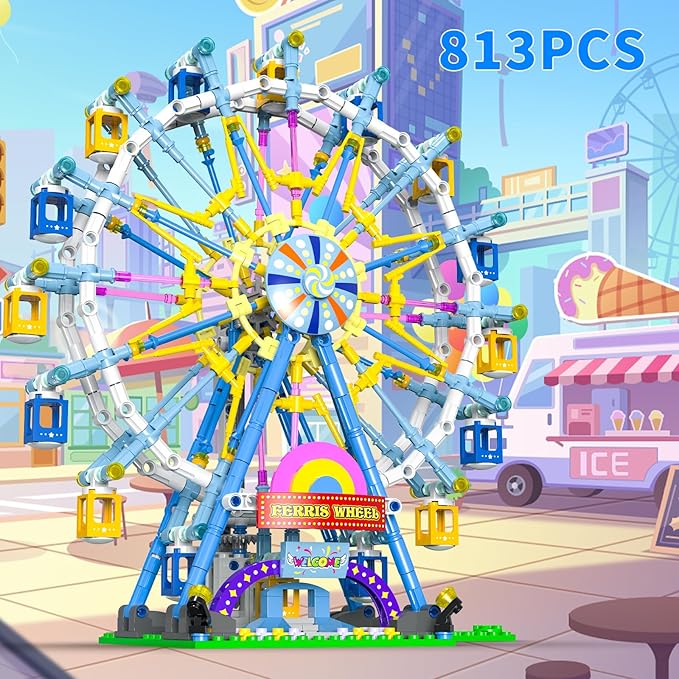 2026 Newly Upgrade Ferris Wheel Building Set with Fairy Light Two-Way Rotating Ferris Wheel Building Blocks Set of 813 PCS Amusement Park Model Kit for Kids Ages 8+ Ideas Gift for Boys and Girls