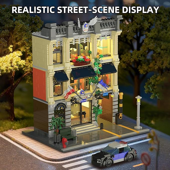 City Police Station Building Set Compatible with Lego Retro Modular 3-Story Architecture with LED Lights Realistic Street Scene Display for Adults &amp Teens (1445 Pieces)