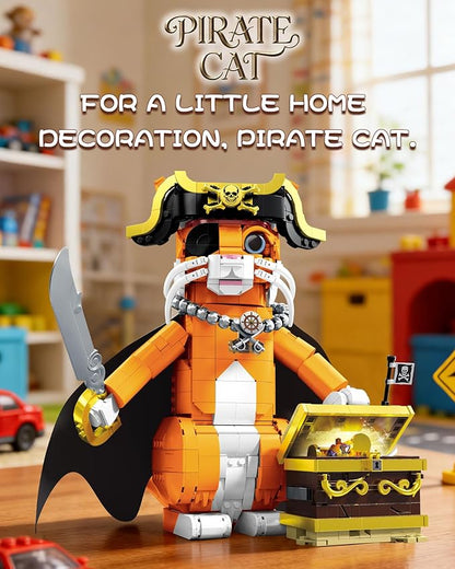 Pirate Captain Cat Building Set for Adults Compatible with Lego Set 1424PCS Orange Cat with Treasure Chest &amp Pirate Hat Adventure Collection Gifts for Animal Lovers