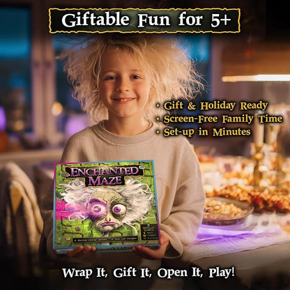 Enchanted Maze - A Light Up Board Game for Families | Ages 5+ 1-6 Players | Cooperative Competitive and Solo Play Options | with “Secret” LED Light up Tiles dice Animal Figurines and a Hag!