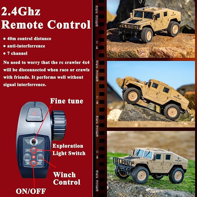 Skymaker RC Military Truck Humvee 2.4Ghz Remote Control Truck 4WD RC Hummer with Winch &amp Machine Gun Khaki