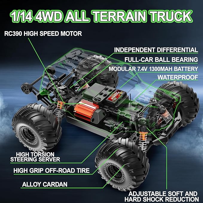 RC Cars 1:14 Scale 4WD Off-Road Monster Truck Rc 40+ KM/H 4X4 Waterproof ESC Remote Control Car with Dual 7.4V 1300mAh Batteries Extra Paddle Tires &amp Full Roll-Cage Frame for Adults &amp Boys