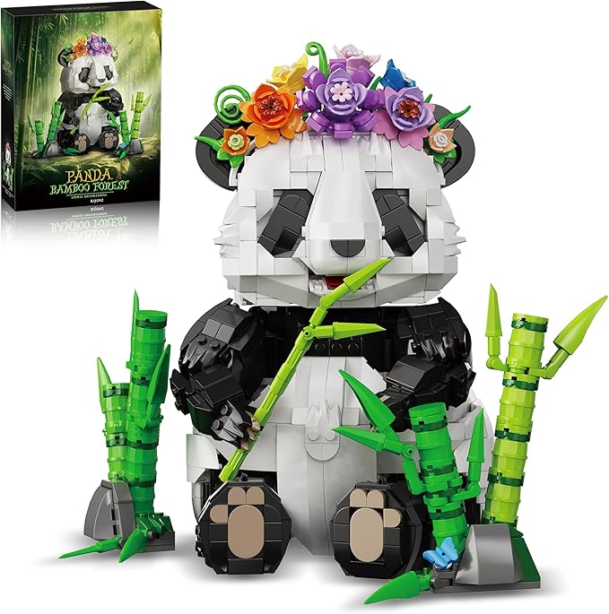 Panda Building Set with Flowers &amp Bamboo for Adults Compatible with Lego Wild Animals Movable Arms and Head Collectible Model Home Decor Gift for Teens Boy Girl
