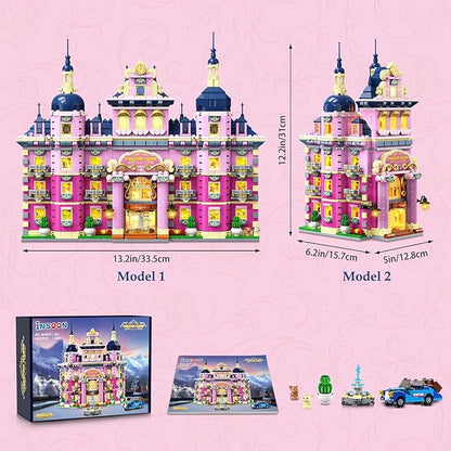 Pink Estate House Building Set with Lights 3 Style Pinkspire Construction Model with Car Fountain 1815 PCS Friends Villa Castle Building Block Kit Home Decor Gift for Adults Boys Girls 8-12+