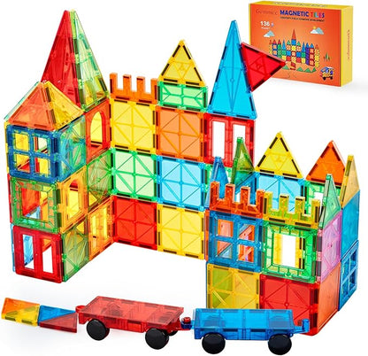 Gemmicc Magnetic Tiles Deluxe 136 PCS Building Blocks Magnet Toys for Kids3D Magnet Puzzles Stacking Blocks for Boys GirlsHuge Set with 2 Cars