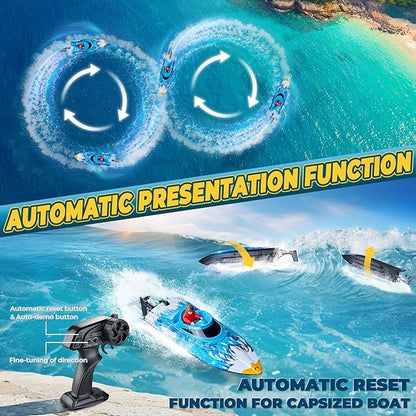 25KMH RC Remote Control Boat with LED Lights Self-Righting Low Battery Alert 2.4GHz with 800 mAh Lithium battery Waterproof Electric Fast Speed Boat for Pool &amp Lake Toy for Boys Girls Blue