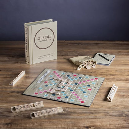 WS Game Company Scrabble Vintage Bookshelf Edition Linen Fabric-Wrapped Book Case with Solid Wood Tiles and Racks Classic Retro Scrabble Board Game for Family Night 2 to 4 Players Ages 8+
