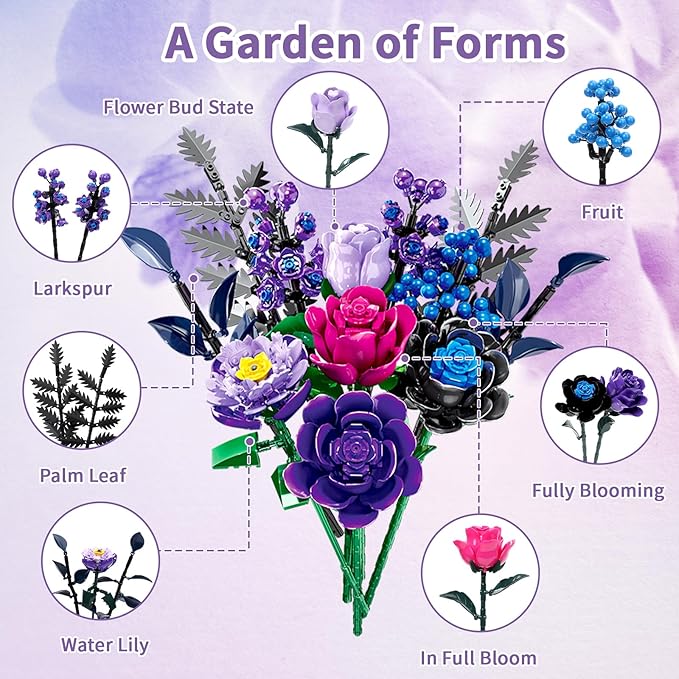 759 Pcs Purple Rose Flower Bouquet Building Set Botanical Collection Kit Artificial Fake Flowers Blocks Home Table Decor Aesthetic for Valentine's Day Birthday DIY Craft Floral Gift Without Vase