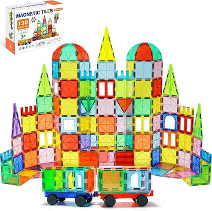 EchoPlan Magnetic Tiles 130PCS Magnetic Blocks with 2 Cars Magnet Tiles 3D Clear Building Blocks Set STEM Sensory Educational Toys Gift for Toddlers Kids Boys 3 4 5 6 7 8 9+ Year Old