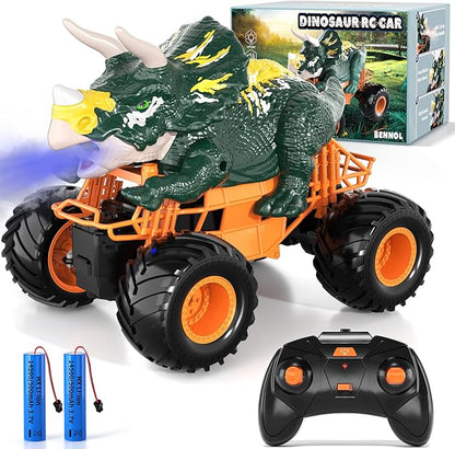 Bennol Remote Control Dinosaur Car for Boys Kids 2.4Ghz RC Triceratops Truck Toy for Toddlers Electric Hobby RC Car Toys with Light &amp Sound Spray for 3 4 5 6 7 8 Year olds Kids Boys Girls