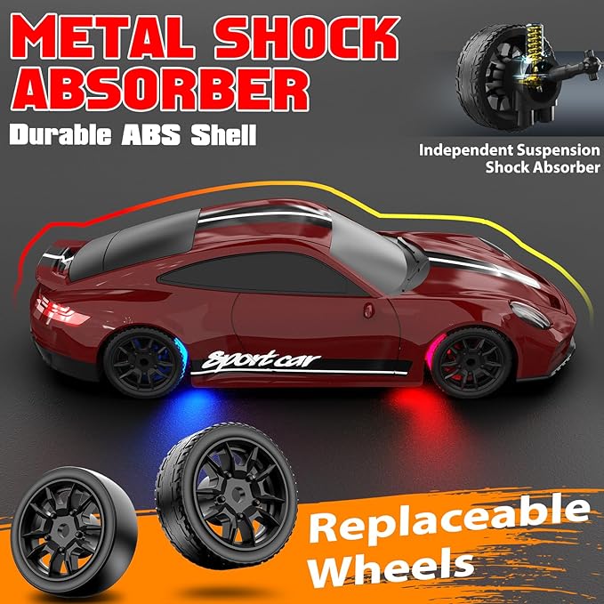 1/43 RC Drift Car Mini Drifting RC Car with Gyro 2.4GHz Full Proportional Drift Cars 4WD RTR Remote Control Cars with Colorful Lights High Speed Fast Racing Vehicle Gift for Kids Boys Adults