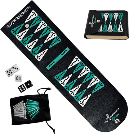 Folding Travel Backgammon Set | Pocket Backgammon Game – Folding PU Leather Board with Pegs Dice Doubling Cube &amp Drawstring Bag – Great for Flights Beach Camping