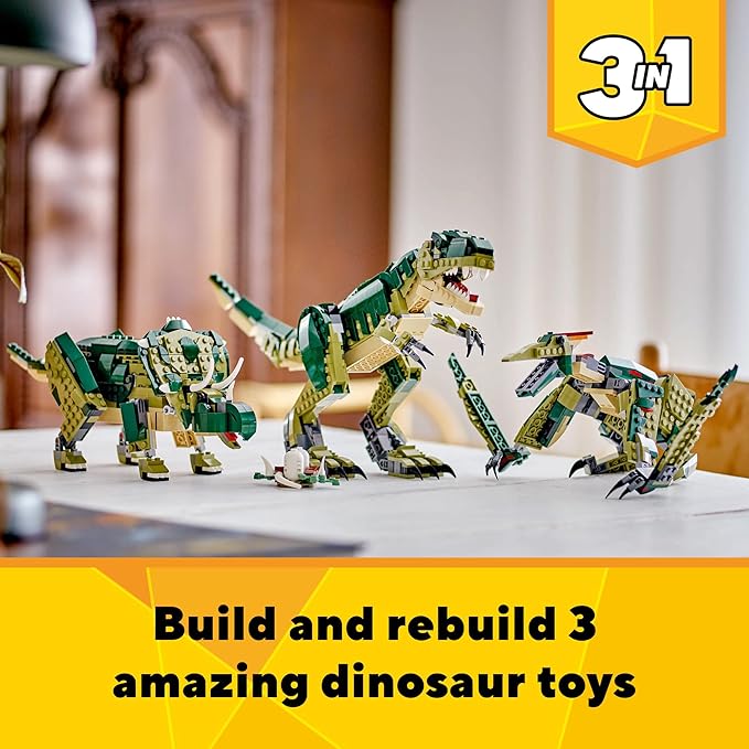 LEGO Creator 3 in 1 T Rex Toy - Dinosaur Toy Building Set for Kids Boys &amp Girls Ages 9+ - 3 Building Options T-Rex to Triceratops to Pterodactyl - Gift Idea for Birthdays - 31151