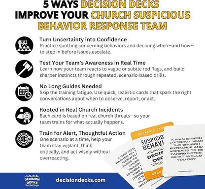 Church Safety and Security Decision Decks | 60 Suspicious Behavior Scenario Cards for Church Security Team Training Situational Awareness and Threat Recognition