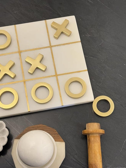 Marble Tic Tac Toe Game 8x8 Premium Handcrafted Natural Marble Board Game Modern Coffee Table and Home Decor Perfect for Living Room Unique Gift Decorative Board Game Set White and Gold XO