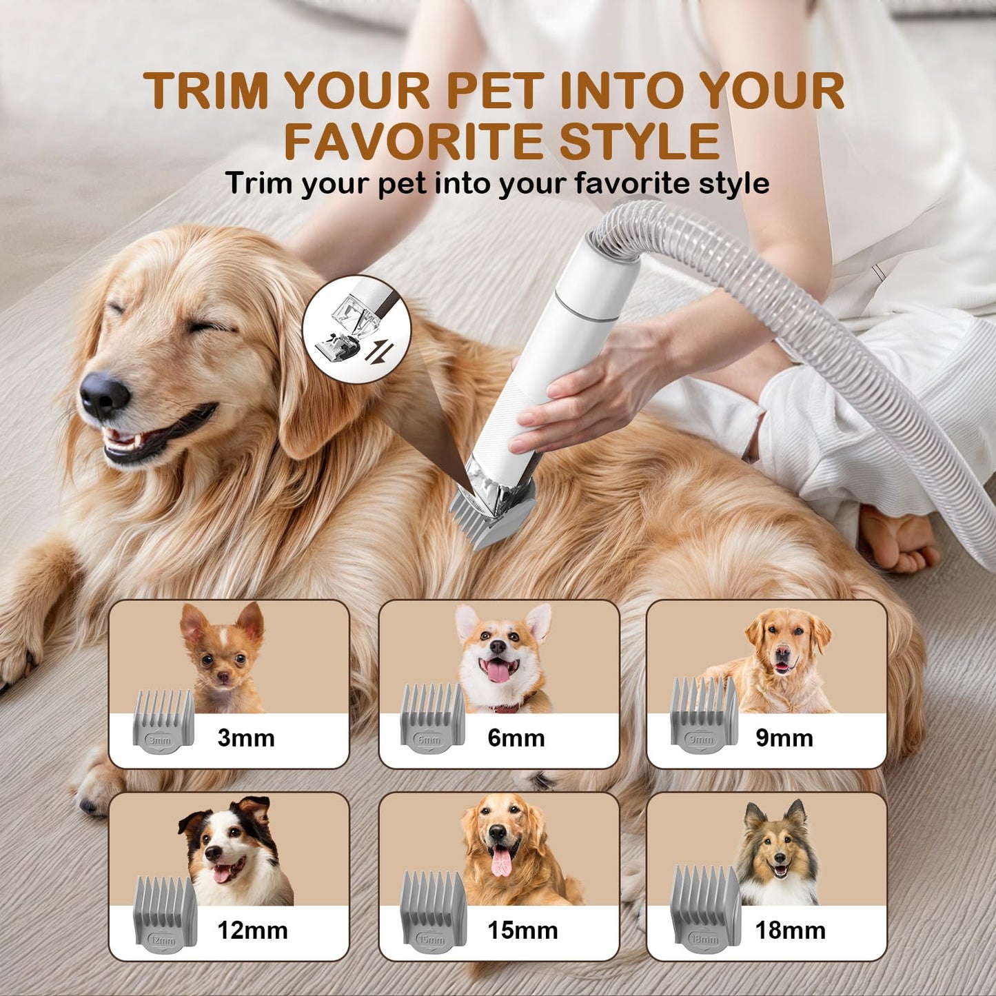 Ozumek Dog Grooming Vacuum, Dog Grooming Kit with Pet Clipper Nail Grinder, 3 Suction Modes Dog Brush Vacuum with 6 Pet Grooming Tools (Brown)