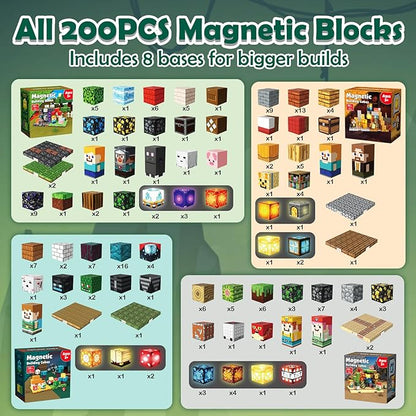 4-in-1 Magnetic Blocks with 24 Light Up Blocks 200PCS Magnetic Building Blocks with 8 Base Plates Screen-Free Magnetic Building Cubes Toy Easter Birthday Gifts for Boys Girls Age 3+