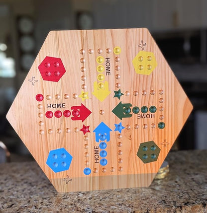 Wooden Wahoo Marble Board Game (20 INCH) Double-Sided for 2-6 Players with 24 Marbles and 6 dice. Also Includes Ring Toss Wooden Hook and Ring Gameand Premium Playing Cards.