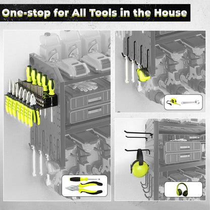 KAFAHOM Power Tool Organizer, Large 8 Drill Holder Wall Mount with 2 Side Pegboards, Heavy Duty Metal Tool Shelf with 12 Hooks, Storage Rack for Garage Organization, Utility Battery Shelves - Green