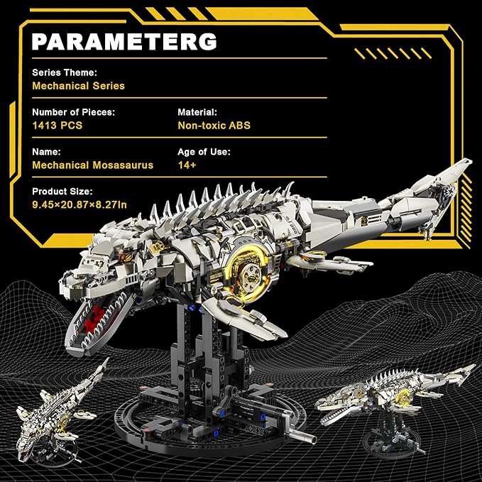 Mechanical Mosasaurus Building Set for Adults Dinosaur Building Block Set Compatible with Lego 1413PCS Ocean Animal Collection Toy with Display Stand and Light Home Office Decor Idea Gift