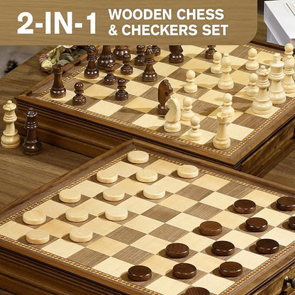 Peradix Magnetic Chess Checkers Board Sets with 2 Built-in Storage Drawers15 Classic 2 in 1 Wooden Games with 2 Extra Queens for Kids and AdultsTravel Portable Chess Game Set